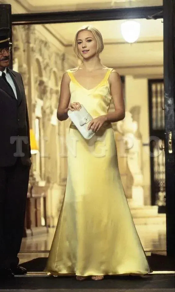 Wholesale Modest Sheath Spaghetti Straps Yellow Satin Long Prom Dresses Evening Dress gowns evening dresses